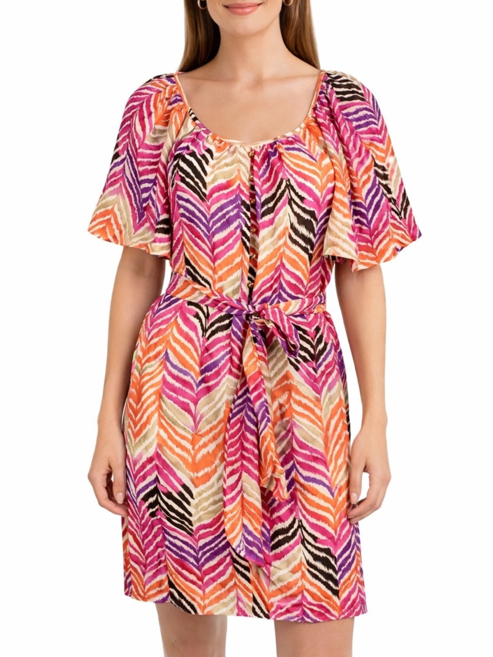 Trina Turk Silk Chevron Y2K Flutter Sleeve Dress Pink Orange Purple Sample Size